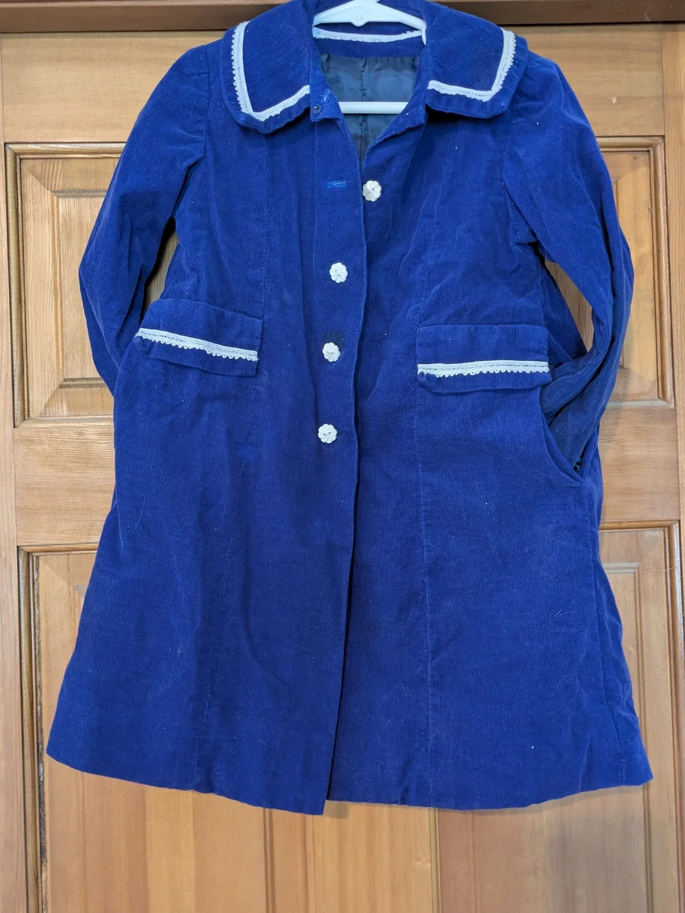 Toddler Girls' Navy Blue Corduroy Coat with Lace Trim - 4T